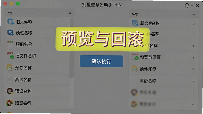批量重命名助手预览界面,左侧显示旧文件名,右侧显示新文件名,中间有