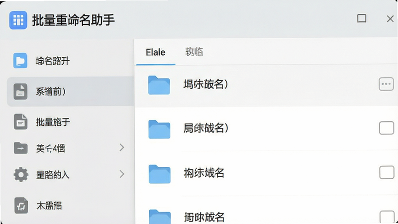 批量重命名助手App界面截图,展示主菜单与文件列表,风格扁平化现代UI,清晰图标,文字