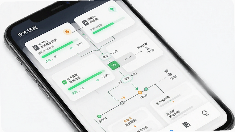 木木秒杀助手界面截图,主体为手机屏幕上的自动化操作流程图,布局清晰分层,排版采用卡片式展示,风格科技感强,细节包括绿色进度条和时间轴标记,画质高清干净无多余元素