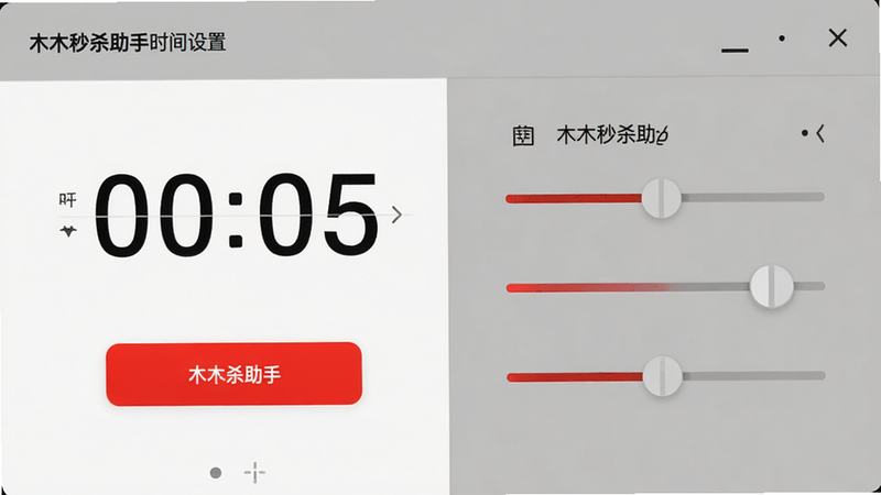 木木秒杀助手时间设置界面,主体为数字时钟与调节滑块,布局左右结构,排版简洁明了,风格极简主义,细节包括红色高亮按钮和灰色背景,画质高清干净无多余元素