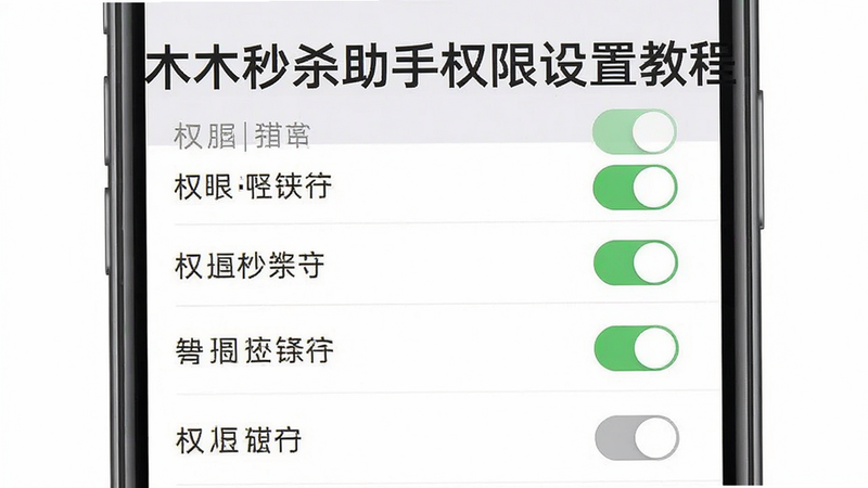 木木秒杀助手权限设置教程图,主体为手机设置界面中的权限开关列表,布局垂直排列,排版清晰易读,风格简约实用,细节包括绿色开启状态图标和灰色关闭状态图标,画质高清干净无多余元素
