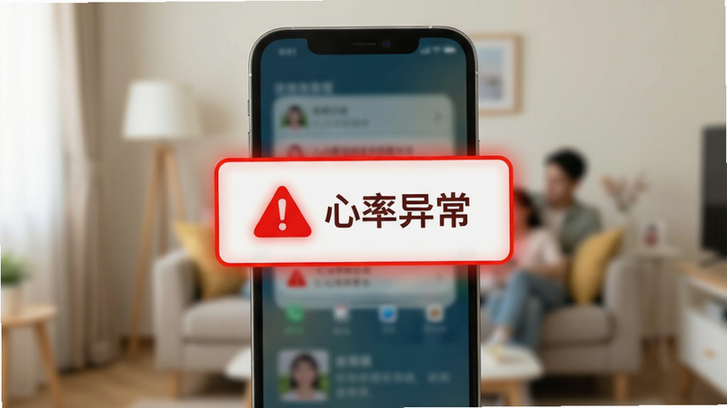 主体为手机屏幕弹出红色预警通知框,背景模糊处理显示家庭场景,布局为中心聚焦,排版突出警告图标和文字“心率异常”,风格为警示性视觉设计,细节包括红色高亮边框、紧急图标,画质清晰,干净,无多余元素