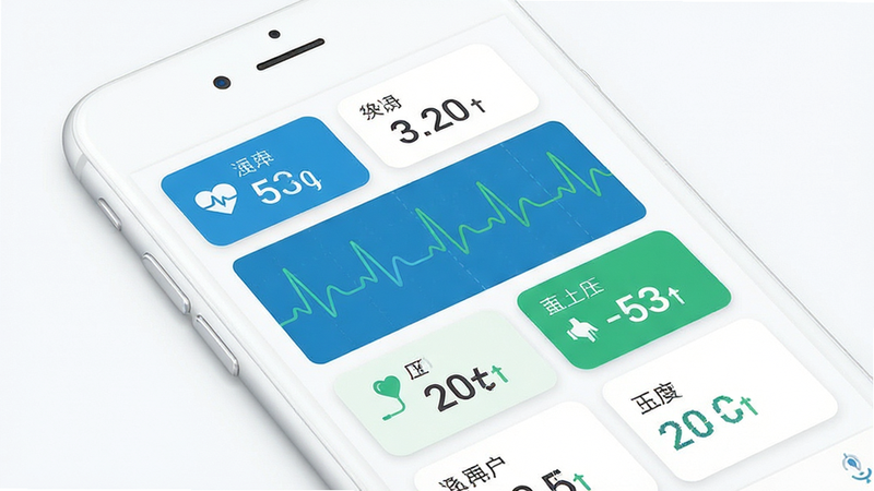 主体为白色背景上的智能手机界面截图,屏幕中央显示蓝色和绿色的生命体征曲线图,包含心率、血压等数据模块,布局清晰简洁,排版采用卡片式设计,风格为现代扁平化UI,细节包括数字显示精准、图标清晰,画质高清,干净,无多余元素