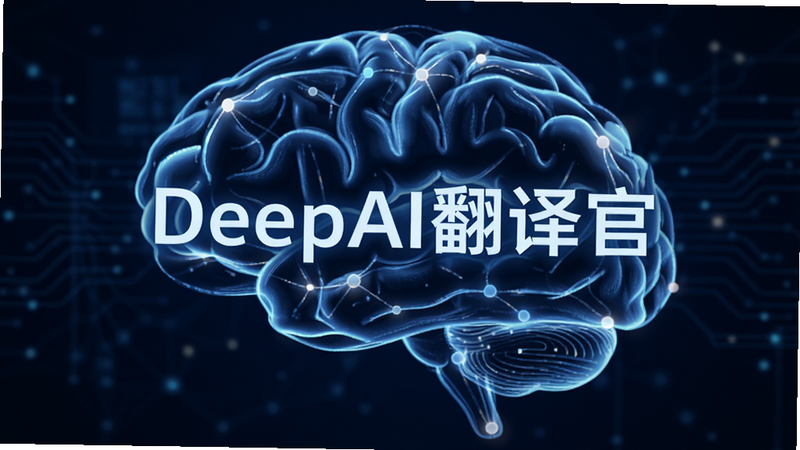 展示DeepAI翻译官核心算法原理的抽象概念图,主体为连接神经节点的光效网络,中间浮现“DeepAI翻译官”字样,背景为深蓝色科技感空间,光线柔和,体现智能与深度,高清渲染,简洁布局