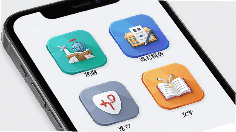 DeepAI翻译官多场景模式选择界面,主体为手机屏幕,屏幕上展示四个清晰的图标分别代表旅游、商务、医疗、文学,图标设计精美,色彩鲜明,背景为浅灰色,布局整齐,UI设计现代化,高清细节