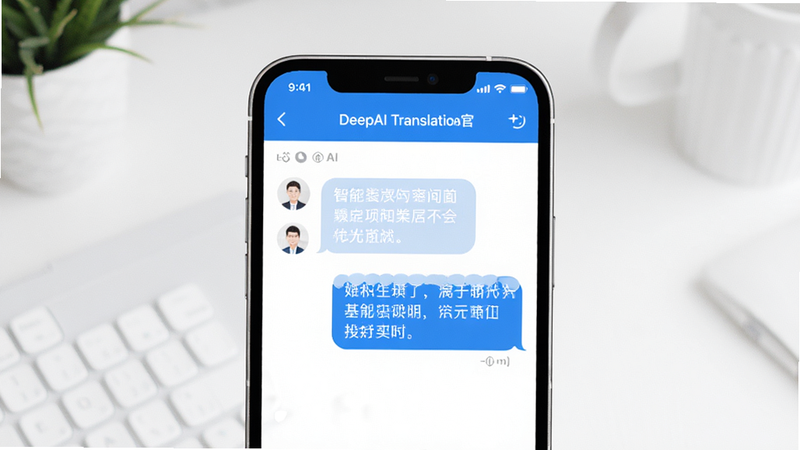 一张展示DeepAI翻译官应用界面的高清图片,主体为手机屏幕,屏幕中央显示正在进行的英中实时翻译对话,界面设计现代简约,以白色和科技蓝为主色调,背景干净无杂物,体现智能与便捷,4k高清,扁平化设计风格