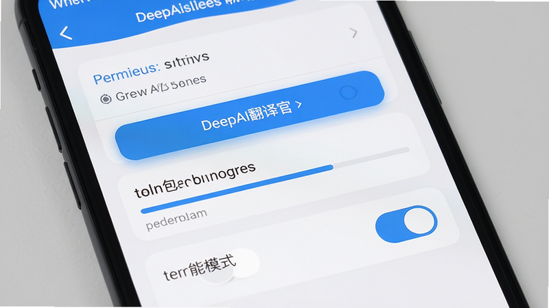 DeepAI翻译官移动端设置界面,主体为手机屏幕,显示权限设置、离线包下载进度条及性能模式开关,界面清晰,按钮高亮显示,背景为浅灰色,体现用户操作的便捷性,高清UI设计