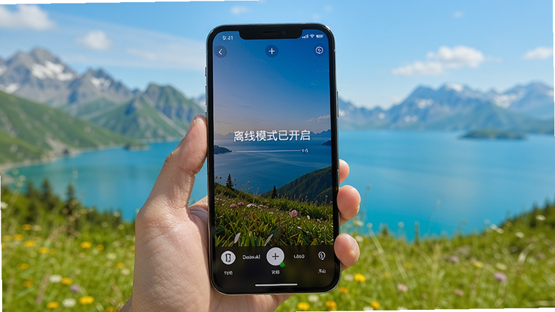 DeepAI翻译官离线翻译使用场景,主体为一部手机在户外显示翻译结果,背景为风景,手机屏幕清晰显示“离线模式已开启”,体现无网络也能使用的可靠性,高清实拍,色彩鲜艳