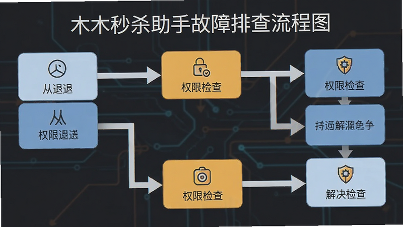 木木秒杀助手故障排查流程图,展示从闪退到解决步骤的箭头连接,风格为简约矢量图,文字