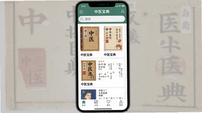 ����Ϊ�ֻ���Ļ��ʾ��ҽ����Ӧ�ý��棬�������������������������м�չʾ��ҽ�鼮�б����ײ��е����������Ϊ��ƽ����ƣ�ϸ�ڰ�������������ͼ�꣬���ʸ��壬�ɾ����޶���Ԫ��