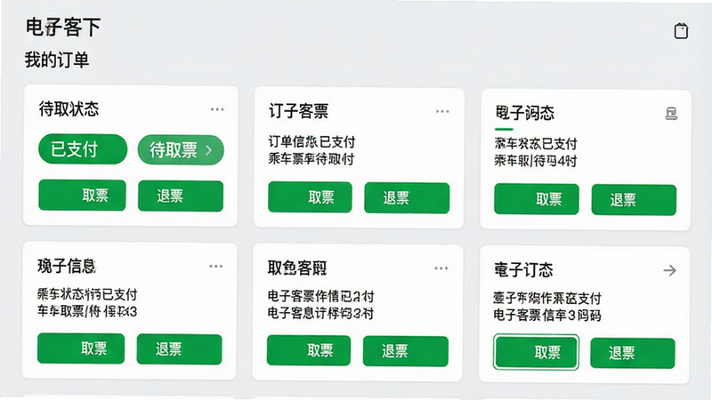Ҽ������APP�Ķ�������ҳ�棬����Ϊ��Ƭ�б���ÿ�ſ�Ƭ��ʾ����״̬������֧������ȡƱ�����˳���Ϣ�Ͳ�����ť����ȡƱ����Ʊ�������Ϊ���Ĺ�����̨��񣬱���ǳ�ң���Ƭ��ɫ��ϸ�ڴ�ͻ����ȡƱ�롱������ʾ�������������ɾ��޶���Ԫ�أ��������ݰ���