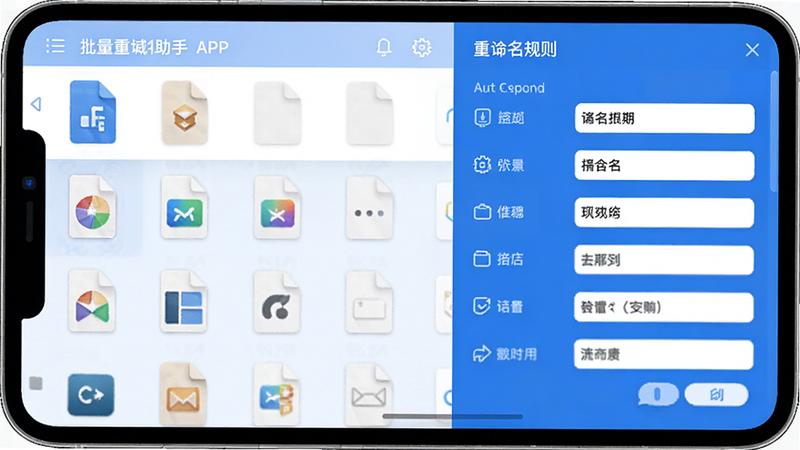 批量重命名助手APP界面展示, 左侧列表显示多个文件图标, 右侧面板显示重命名规则设置, 风格简洁现代, 色彩以蓝色和白色为主, 细节清晰, 画质高清, 无多余元素