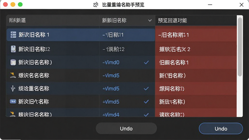 批量重命名助手预览回退功能, 界面底部显示“Undo”按钮, 列表中显示新旧名称对比, 风格专业严谨, 细节突出, 画质高