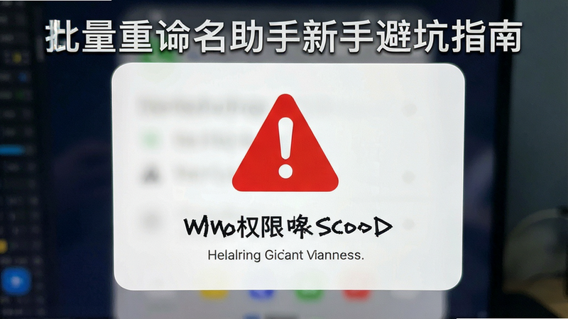 批量重命名助手新手避坑指南, 手机屏幕显示权限设置弹窗, 红色警告图标醒目, 风格警示性, 细节清晰, 画质干净