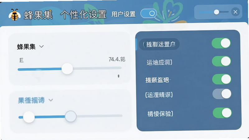蜂果集个性化设置界面,展示滑块调节与选项开关,风格扁平化,细节丰富,突出用户自定义能力