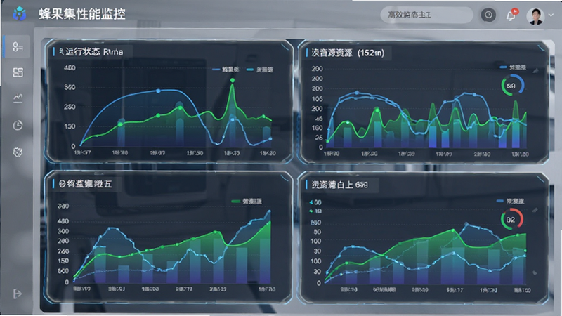 蜂果集性能监控界面,展示运行状态与资源占用图表,风格科技感,线条流畅,体现高效性能