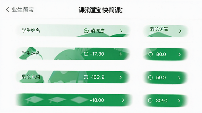 课消宝极简版快速消课界面,显示学生姓名、消课次数、剩余课时,简洁列表布局,绿色按钮突出,背景干净,无多余元素,高清