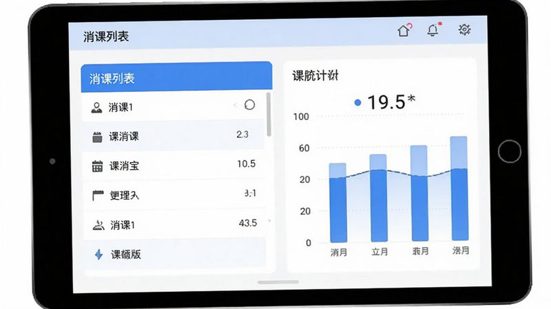 课消宝极简版软件界面截图,显示消课列表和统计图表,现代扁平化设计风格,蓝色和白色为主色调,清晰易读,无多余元素,高清