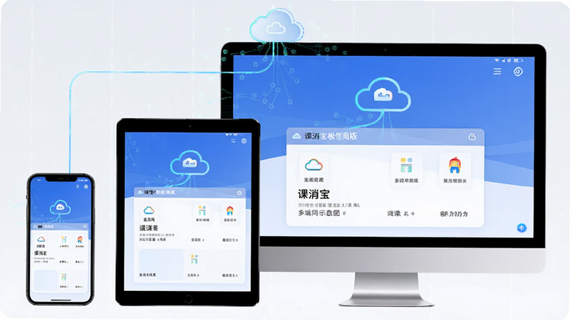 课消宝极简版多端同步示意图,手机、平板、电脑显示相同消课数据,云端图标连接,科技感风格,无多余元素,高清