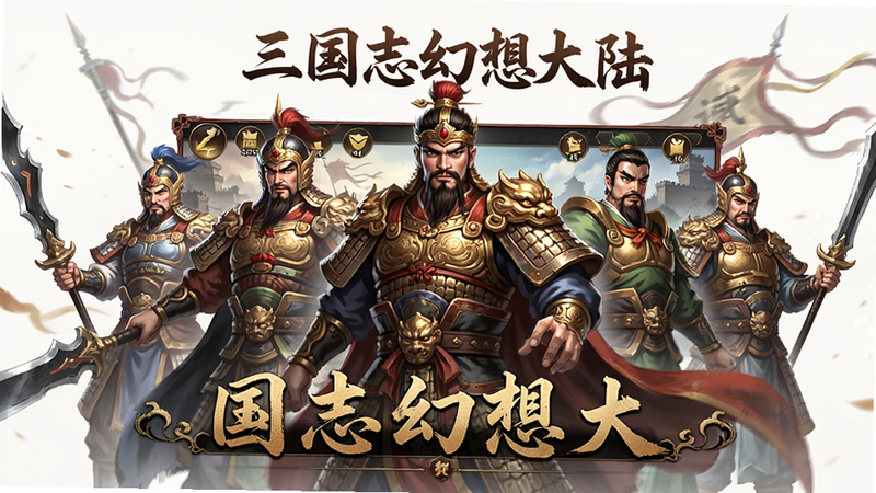 三国志幻想大陆官方宣传海报,国风美术风格,三国名将形象,精美立绘,游戏UI界面展示,高画质,干净背景,无多余元素,文字