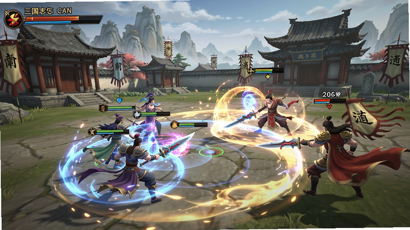 三国志幻想大陆战斗场景截图,华丽的技能特效,精美的背景环境,国风艺术细节,高清晰度,无文字水印
