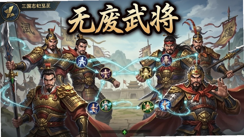 三国志幻想大陆游戏内角色立绘展示,多个三国武将同框,羁绊连线特效,国风插画风格,色彩鲜艳,细节丰富,文字
