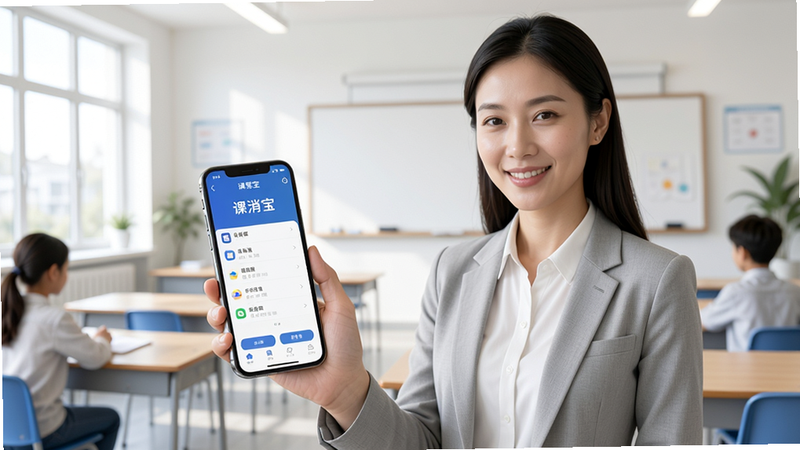 教育培训机构管理场景,一位老师使用智能手机上的“课消宝”APP界面,背景是明亮的教室,风格现代简洁,UI清晰,画质高清,干净无多余元素