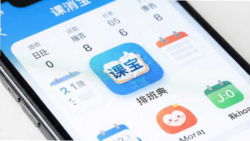 手机屏幕特写显示“课消宝”APP的排班日历界面,图标清晰,布局整齐,风格扁平化设计,画质细腻,无多余装饰