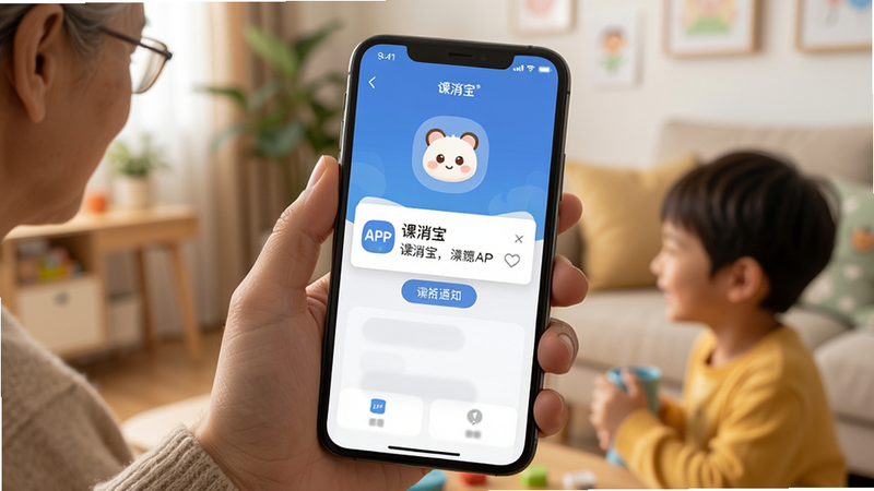 家长手机收到“课消宝”APP推送通知的模拟场景,界面友好,文字清晰,风格温馨,画质高,无杂乱背景