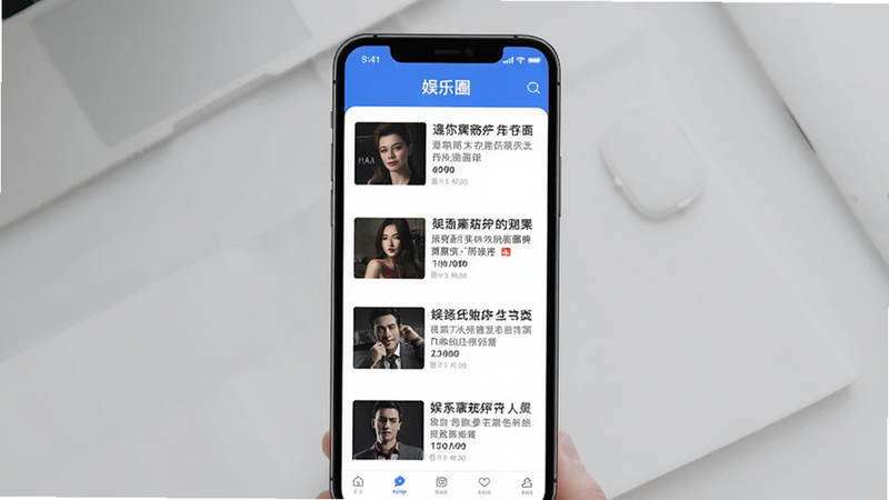 娱圈APP界面展示,手机屏幕显示娱乐新闻列表,简洁现代风格,蓝色调,清晰排版,无多余元素