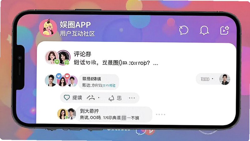 娱圈APP用户互动社区界面,手机屏幕显示评论区与用户头像,社交化布局,色彩丰富