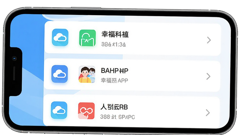 幸福云APP 预览图,主体为手机屏幕展示幸福云APP界面,布局为简洁的列表式设计,排版清晰,风格为现代扁平化设计,细节包括图标和文字清晰可见,画质高清,干净,无多余元素