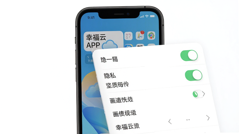幸福云APP 预览图,主体为手机设置界面,布局为菜单展开,排版为简洁列表,细节包括隐私选项开关,画质高清,干净,无多余元素
