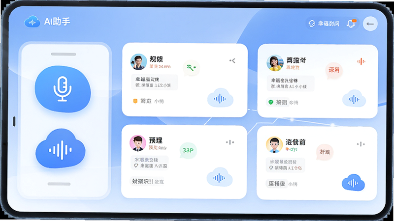 幸福云APP 预览图,主体为AI助手界面,布局为卡片式展示,排版为科技感风格,细节包括语音识别图标,画质高清,干净,无多余元素