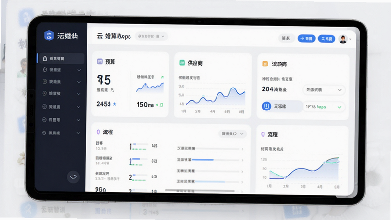 云婚纱管家App界面展示,主体为婚礼管理仪表盘,布局清晰,包含预算、供应商、流程模块,风格现代简约,细节丰富,画质高清干净无多余元素