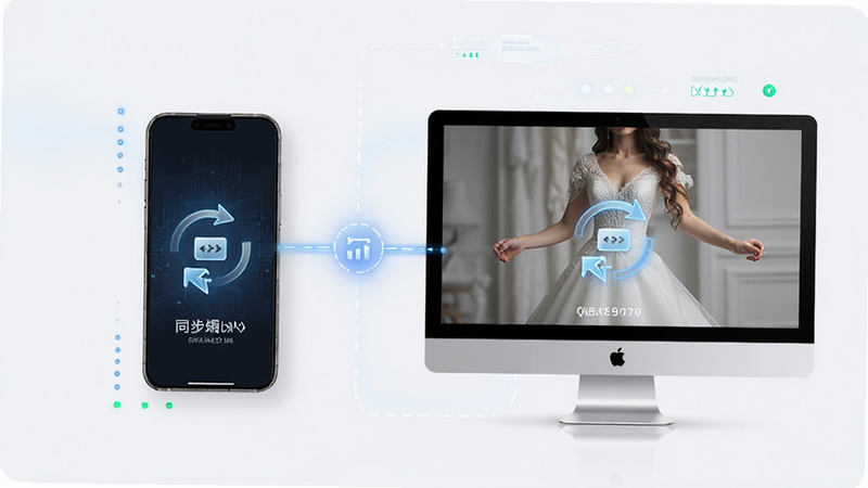 云婚纱管家多端同步示意图,主体为手机与电脑屏幕连接,布局左右对比,风格科技感,细节包含同步箭头图标,画质高清干净无多余元素