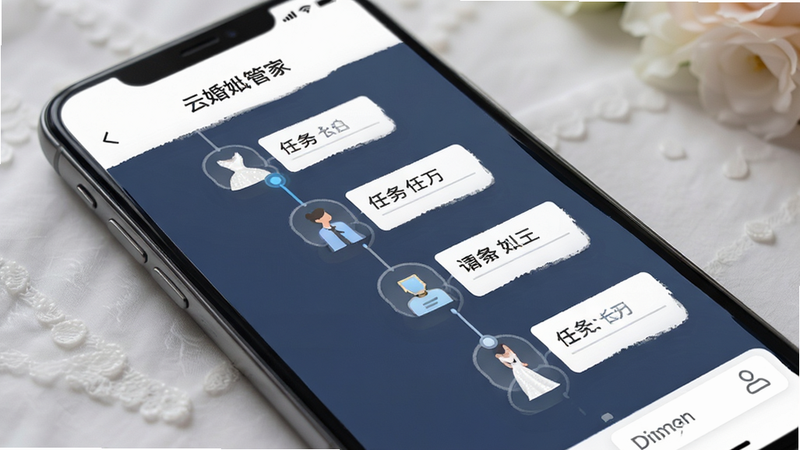 云婚纱管家移动端操作界面,主体为婚礼流程时间线,布局简洁,风格现代,细节包含任务图标,画质高清干净无多余元素