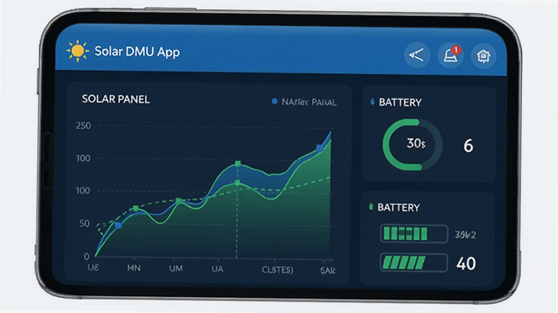 Solar DMU app interface showing a dashboard with solar panel efficiency graphs and battery status, clean modern UI, blue and green color scheme, high resolution, no text