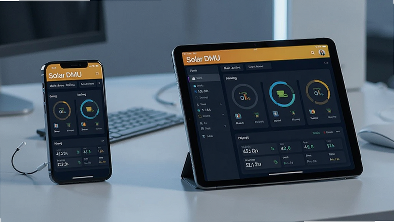 Solar DMU multi-device compatibility, smartphone and tablet displaying same dashboard, modern tech aesthetic