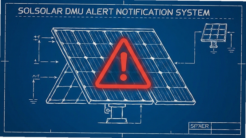 Solar DMU alert notification system, warning icon on solar panel diagram, technical schematic style, clean lines