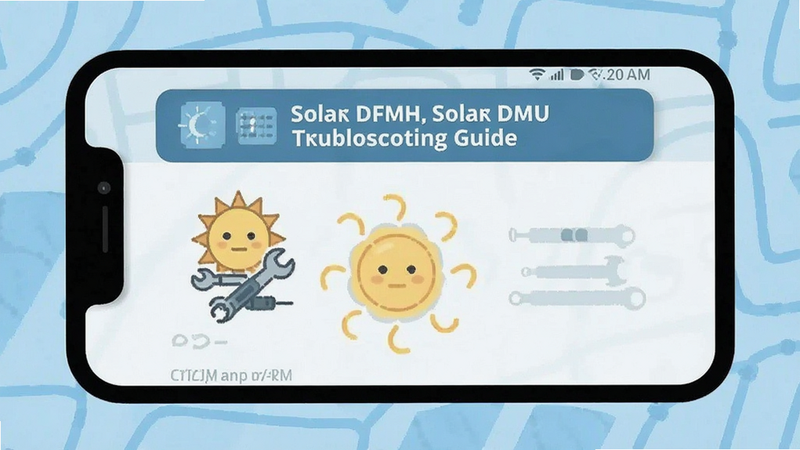 Solar DMU troubleshooting guide, smartphone settings screen, simple illustration, clean background