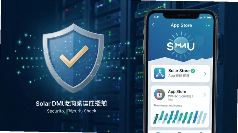 Solar DMU download security check, shield icon, app store interface, trustworthy vibe