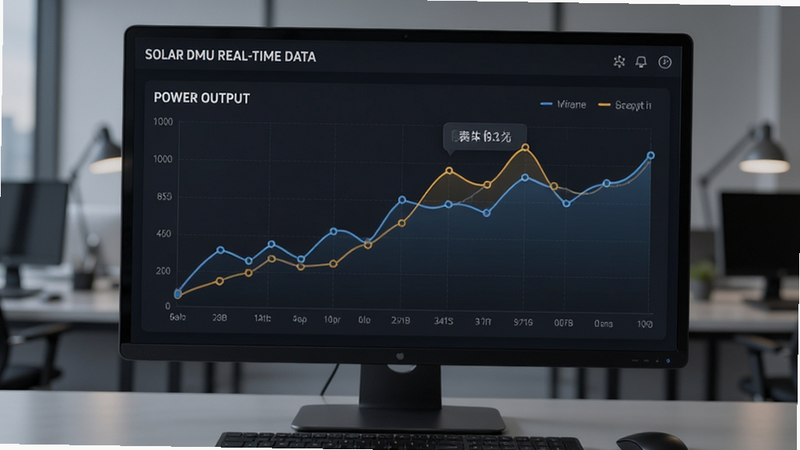Solar DMU real-time data visualization, line graphs showing power output, dark mode interface, sleek design, professional look