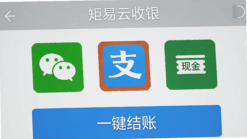 矩易云收银界面特写,展示支付选项图标,包含微信、支付宝、现金符号,布局整齐,文字