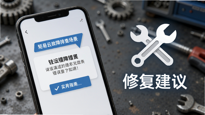 矩易云故障排查场景,手机屏幕显示错误提示,旁边有扳手图标,文字