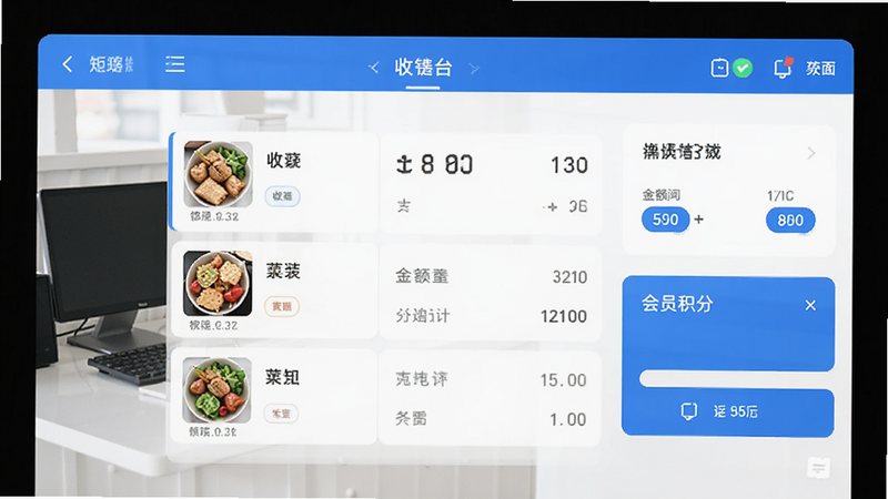 矩易云APP界面预览,展示简洁的收银台设计,包含菜品列表、金额统计和会员积分模块,风格现代扁平化,色调以清爽的蓝白为主,体现高效与科技感,画质清晰无多余元素