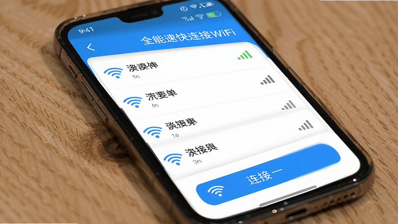 主体为手机屏幕界面,显示“全能速快连接WiFi”APP主界面,布局清晰,顶部为状态栏,中间为WiFi列表,底部为连接按钮,风格为现代扁平化设计,细节包含信号强度图标,画质高清,干净,无多余元素