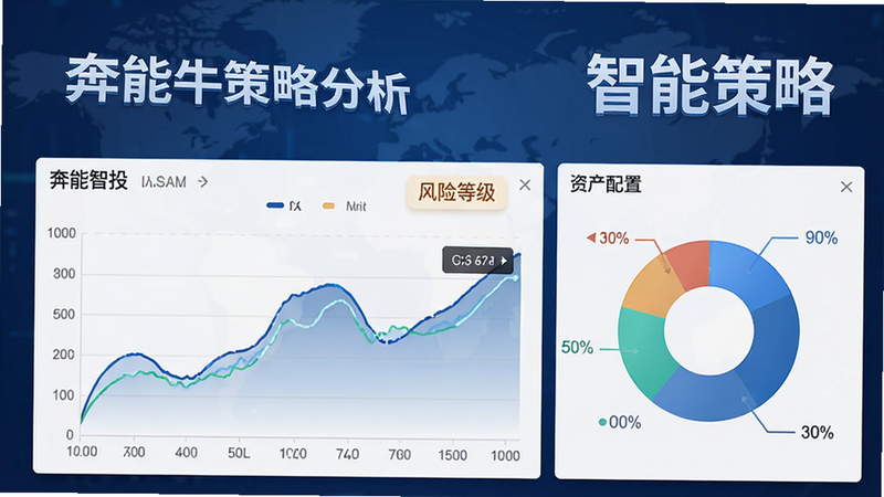 奔牛智投智能策略分析界面,显示图表曲线、风险等级标签、资产配置饼图,文字显示