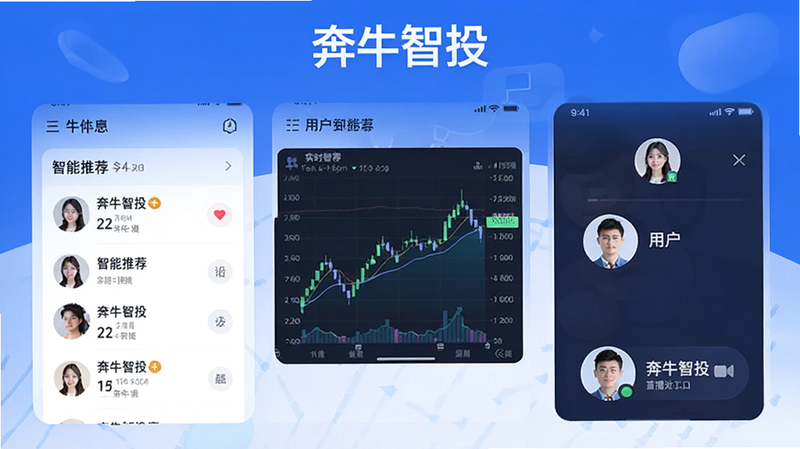 奔牛智投app界面展示,包含实时股票走势图、智能推荐列表、用户头像及直播入口,风格现代简洁,蓝色为主色调,白色背景,高清画质,干净无多余元素,文字显示
