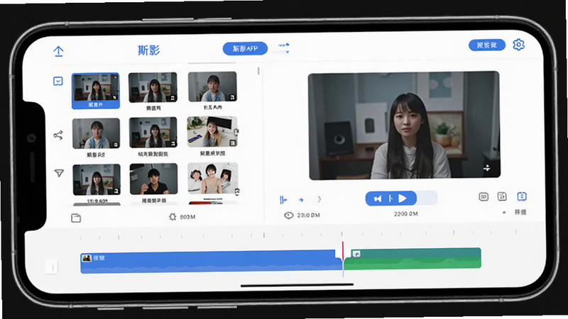 斯影APP界面预览,手机屏幕显示视频编辑时间轴,左侧为素材库,右侧为预览窗口,简洁现代UI风格,扁平化设计,白色背景,蓝色按钮,清晰图标,无多余元素,高清画质